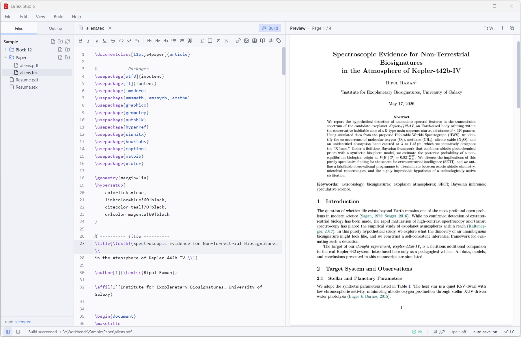 Screenshot of LaTeX Studio showing the outline pane, source editor, and live PDF preview